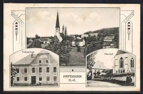 AK Pattigham, Volksschule, Pfarrhof, Teilansicht mit Kirche