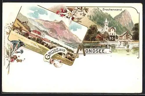 Lithographie Mondsee, Ortsansicht mit der Drachenwand, Panorama