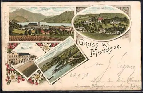 Lithographie Mondsee, Hotel z. Post, Landungsplatz und Bahnhof, Mariahilf