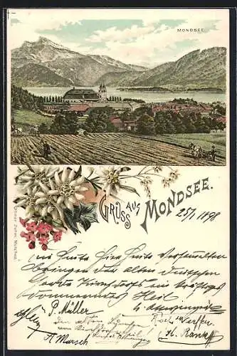 Lithographie Mondsee, Ortsansicht gegen die Berge