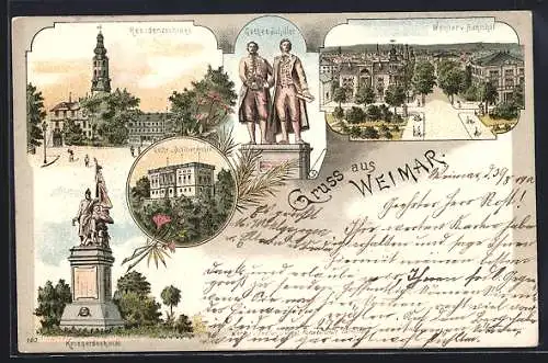 Lithographie Weimar / Thüringen, Bahnhof aus der Vogelschau, Residenzschloss & Goethe u. Schiller Archiv