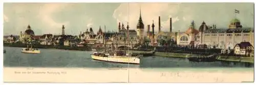 Klapp-AK Düsseldorf, Ausstellung 1902, Panorama am Fluss mit Kanonenboot Panther