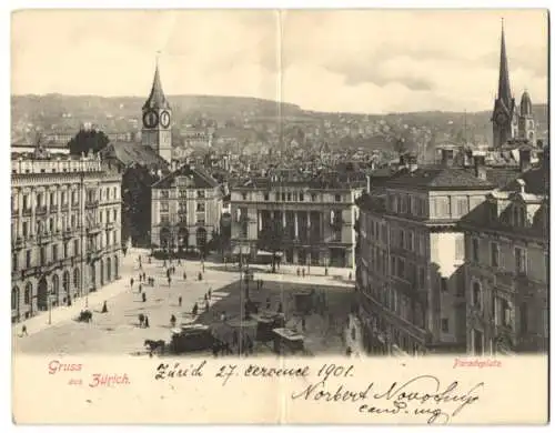 Klapp-AK Zürich, Pferdebahn auf dem Paradeplatz