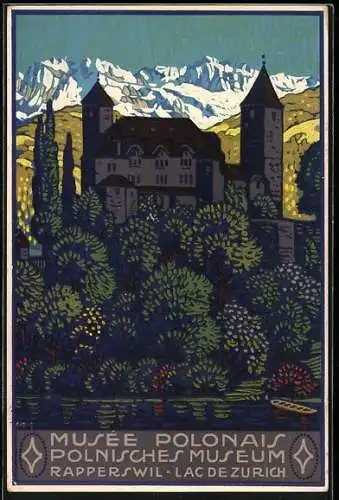 Steindruck-AK Rapperswil /Lac de Zurich, Polnisches Museum, Burg mit Gebirge