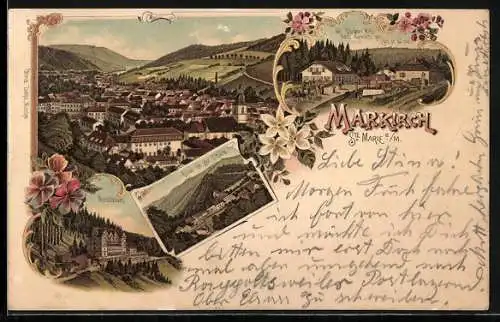 Lithographie Markirch, Sanatorium, Eglise de sur l`Hâte, St. Diedeler Höhe mit Kutsche