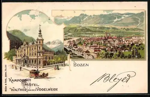 Lithographie Bozen, Kamposch`s Hotel Walther von der Vogelweide, Totalansicht