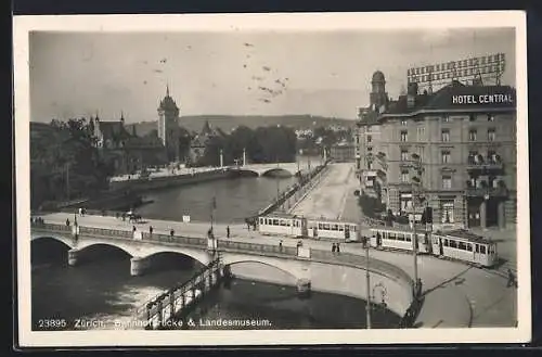 AK Zürich, Bahnhofbrücke und Landesmuseum, Strassenbahn