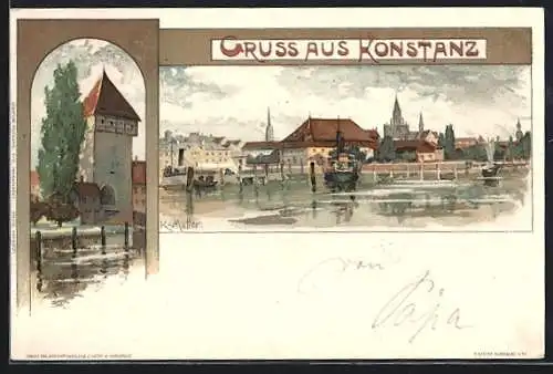 Künstler-AK K. Mutter: Konstanz, Bodenseehafen mit Ortsansicht, Turm