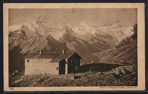 AK Starkenburgerhütte /Stubai, Ansicht gegen Zuckerhütl und Pfaff