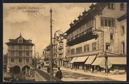 AK Zürich, Rathaus, Zunfthäuser und Strassenbahn