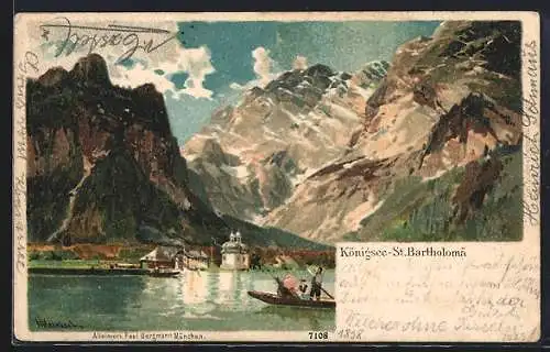 Lithographie St. Bartholomä /Königsee, Blick auf die Kapelle, Ruderboot