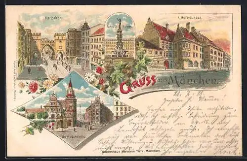 Lithographie München, K. Hofbräuhaus, Gasthaus Löwenbräukeller, Rathaus-Brunnen