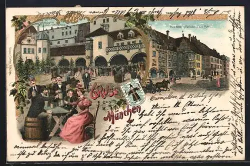 Lithographie München, Hofbräuhaus mit Arkaden