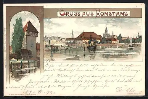 Künstler-AK K. Mutter: Konstanz, Bodenseehafen mit Ortsansicht, Turm