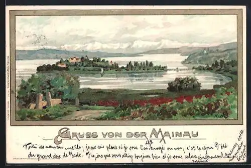 Künstler-AK Karl Mutter: Insel Mainau, Totalansicht mit Bergpanorama, Um 1900