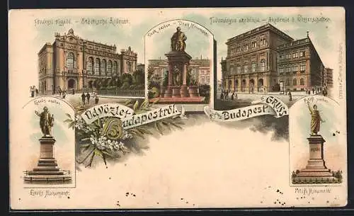 Lithographie Budapest, Städtische Redouté, Akademie der Wissenschaften, Monumente