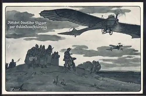 Künstler-AK Deutscher Luftflotten-Verein, Abflug Deutscher Flieger Geländeaufklärung, Flugzeug Taube, Soldat & Fahrrad