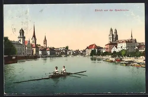 AK Zürich, Panorama von der Quaibrücke mit Sportruderboot