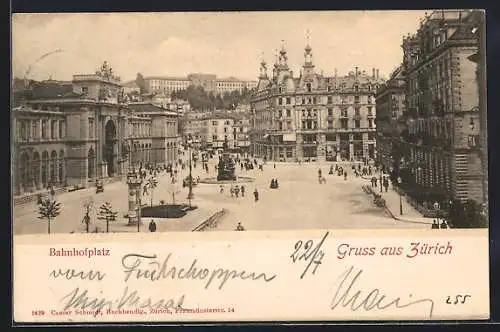 AK Zürich, Bahnhofplatz mit Denkmal, Litfasssäule