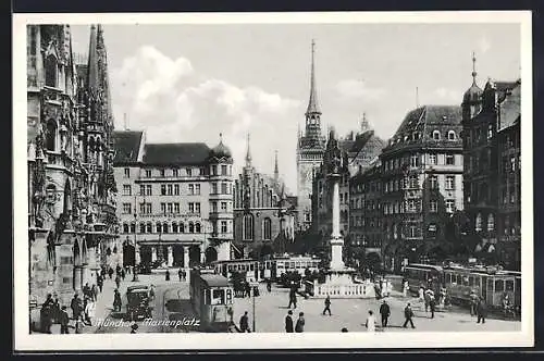 AK München, belebter Marienplatz mit Denkmal, Strassenbahn