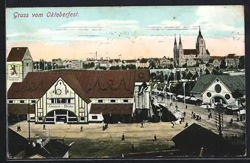 AK München, Oktoberfest, Gaststätten Loewen-Bräu und Wagner-Bräu mit Stadtpanorama aus der Vogelschau