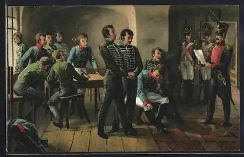 AK Aus grosser Zeit, Verkündigung des Todesurteils an die elf Schill`schen Offiziere, 1809, Militärgericht