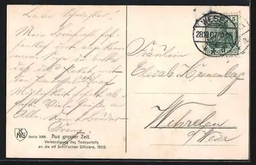 AK Aus grosser Zeit, Verkündigung des Todesurteils an die elf Schill`schen Offiziere, 1809, Militärgericht