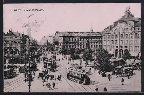 AK Berlin, Alexanderplatz mit Strassenbahnen und Kutschen