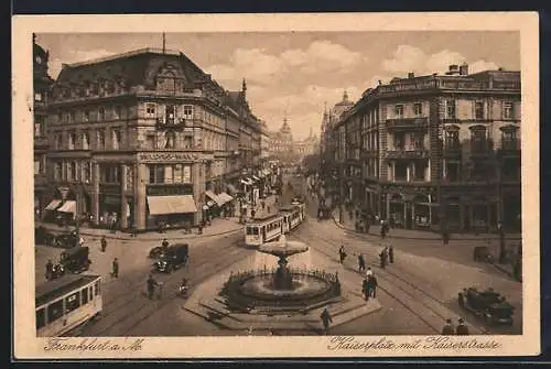 AK Frankfurt a. M., Kaiserplatz mit Kaiserstrasse und Strassenbahnen