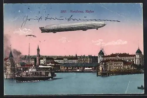 AK Konstanz, Hafen mit Luftschiff Zeppelin