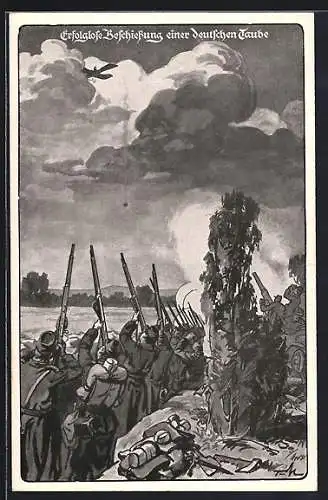 Künstler-AK Erfolglose Beschiessung einer deutschen Taube, französische Infanteristen & Artillerie beschiessen Flugzeug