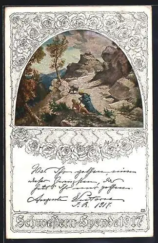 Künstler-AK Rotes Kreuz, Schwestern-Spende 1917, nächstenliebe auf einem Bergpass