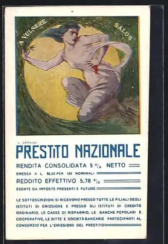 Künstler-AK sign. A. Petroni: Prestito Nazionale, A Vulnere Salus, Kriegsanleihe