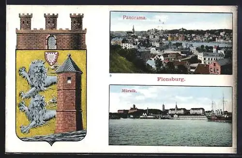 AK Flensburg, Mürwik, Panorama, Stadtwappen