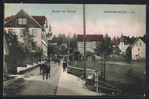 AK Hahnenklee i. H., Strassenpartie mit Kirche und Rindern