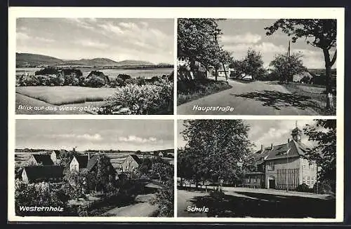 AK Rolfshagen über Rinteln, Hauptstrasse, Schule, Westernholz, Blick auf das Wesergebirge