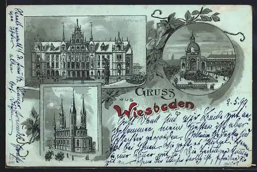 Mondschein-Lithographie Wiesbaden, Rathaus, Evgl. Kirche, Kochbrunnen