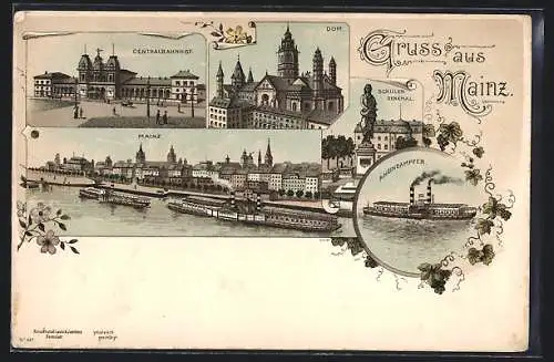 Lithographie Mainz, Dom, Schillerdenkmal und Centralbahnhof