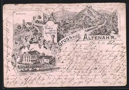 Lithographie Altenahr, Hotel zur Post, Burgruine, Ortsansicht