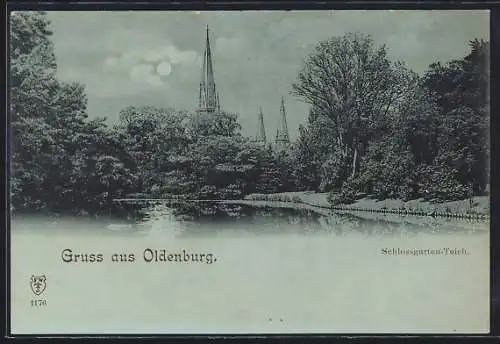 Mondschein-AK Oldenburg / O., Uferpartie am Schlossgarten-Teich