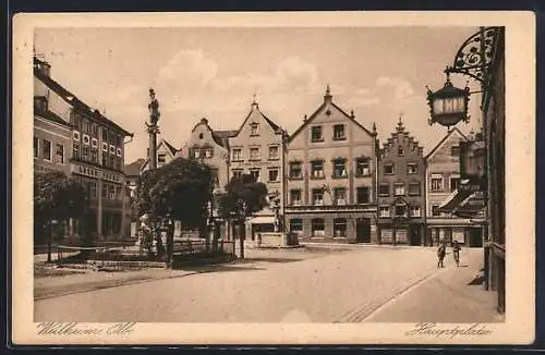 AK Weilheim / Obb., Hauptplatz mit Café Kronner und Denkmal