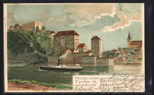 Lithographie Passau, Flusspartie mit Nieder- und Oberhaus