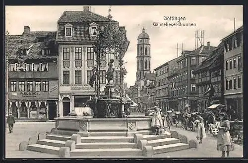 AK Göttingen, Gänseliesel-Brunnen mit Friseur-Geschäft von Paul Koch