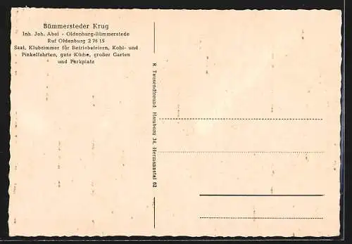 AK Oldenburg-Bümmerstede / Oldenburg, Gasthaus Bümmersteder Krug, Inh. Joh. Abel