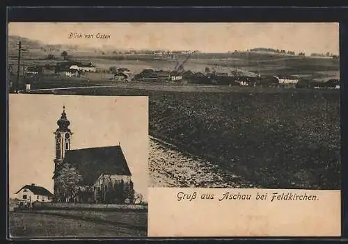 AK Aschau, Teilansicht mit Kirche und Blick auf den Ort von Osten