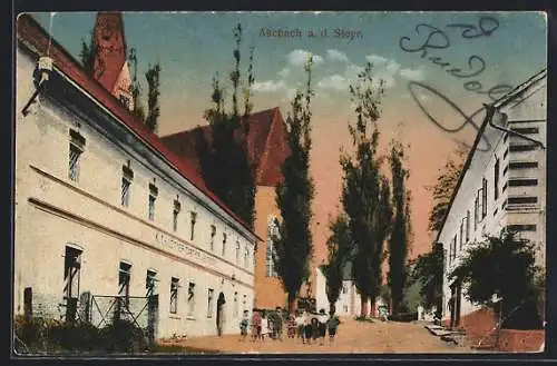 AK Aschach a. d. Steyr, Strassenpartie mit Gasthof und Bäckerei Leitner