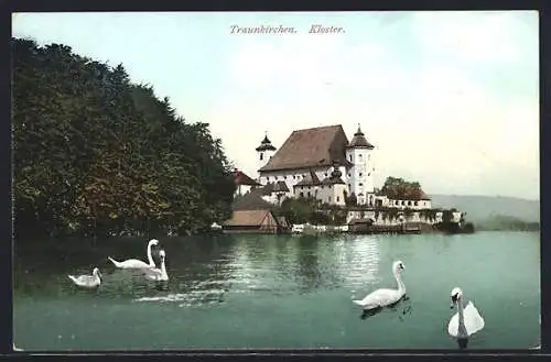 AK Traunkirchen, Schwäne auf dem See vor dem Kloster