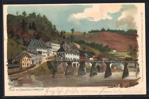 Lithographie Ach in Oberösterreich, Uferpartie mit Brücke