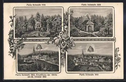 AK Maria Schmolln, Einweihung der Kirche 1863, Kapelle 1850, Teilansicht mit Gnadenbild 1913