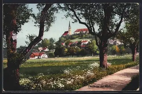 AK Thalheim b. Wels, Strassenpartie gegen Kirche